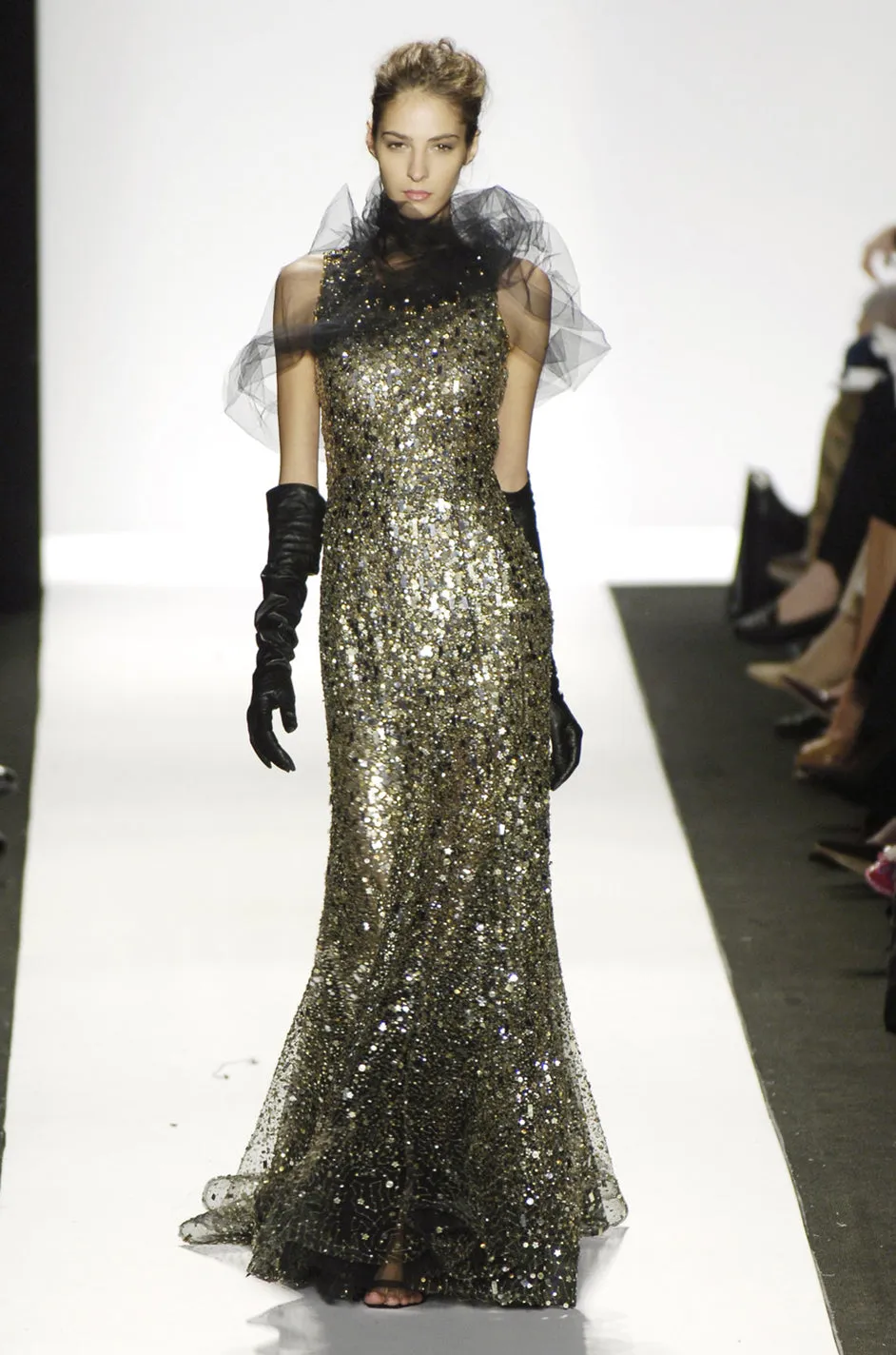 Stunning Fall 2006 Oscar de la Renta Runway Gold & Silver Sequin & Bead in Silk Netting Dress