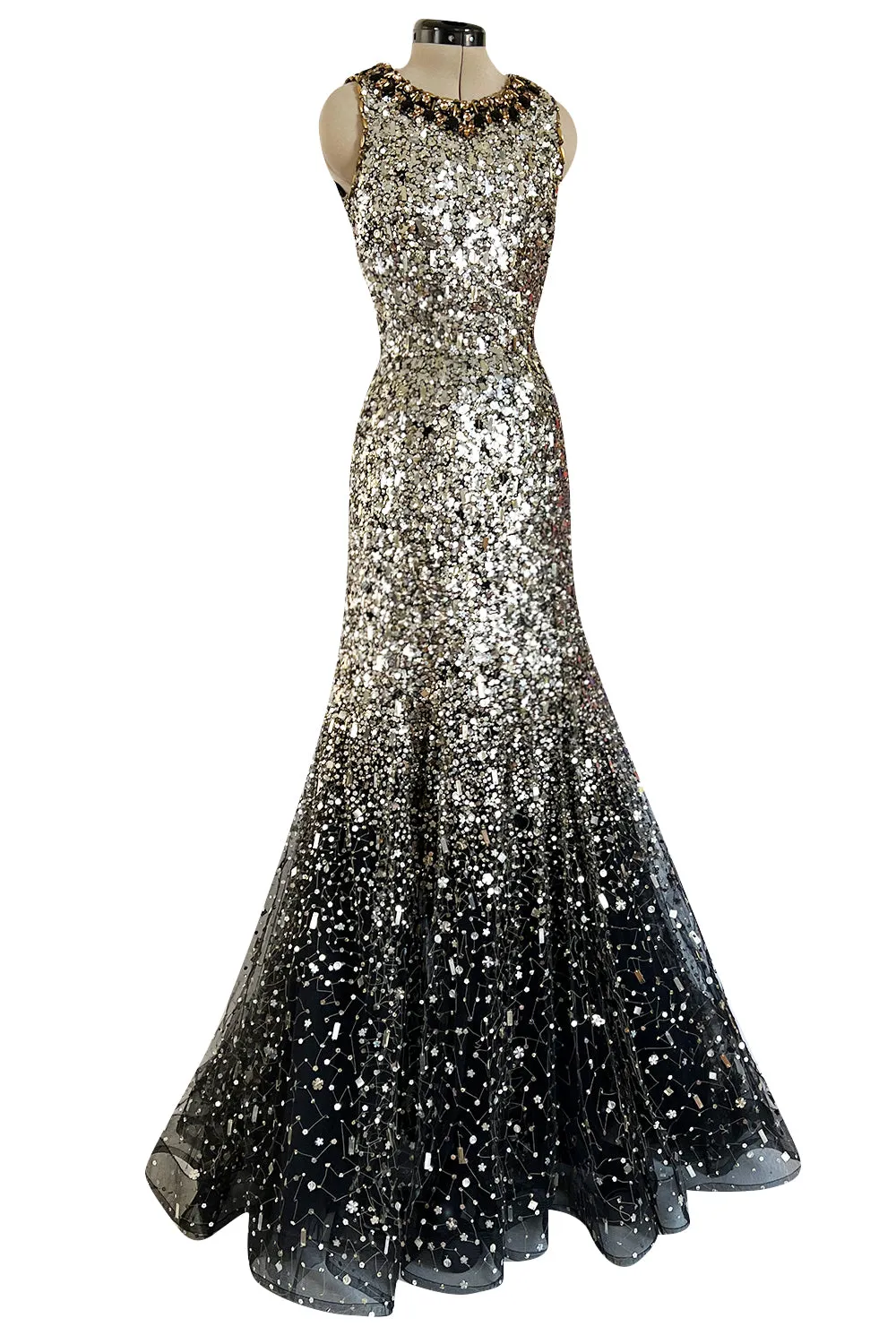 Stunning Fall 2006 Oscar de la Renta Runway Gold & Silver Sequin & Bead in Silk Netting Dress