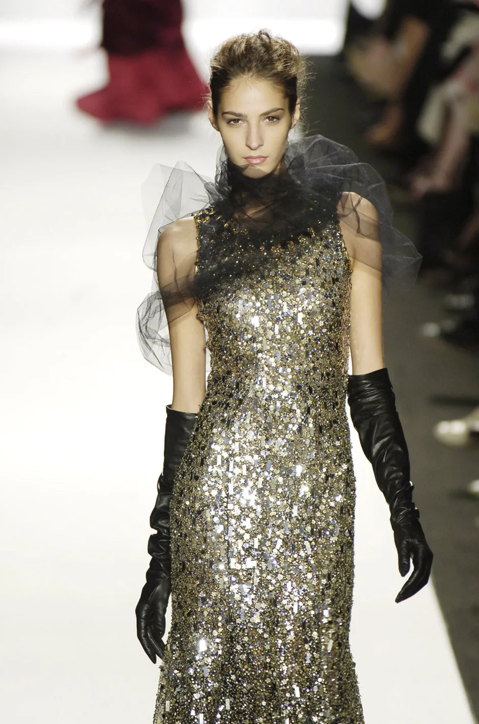 Stunning Fall 2006 Oscar de la Renta Runway Gold & Silver Sequin & Bead in Silk Netting Dress