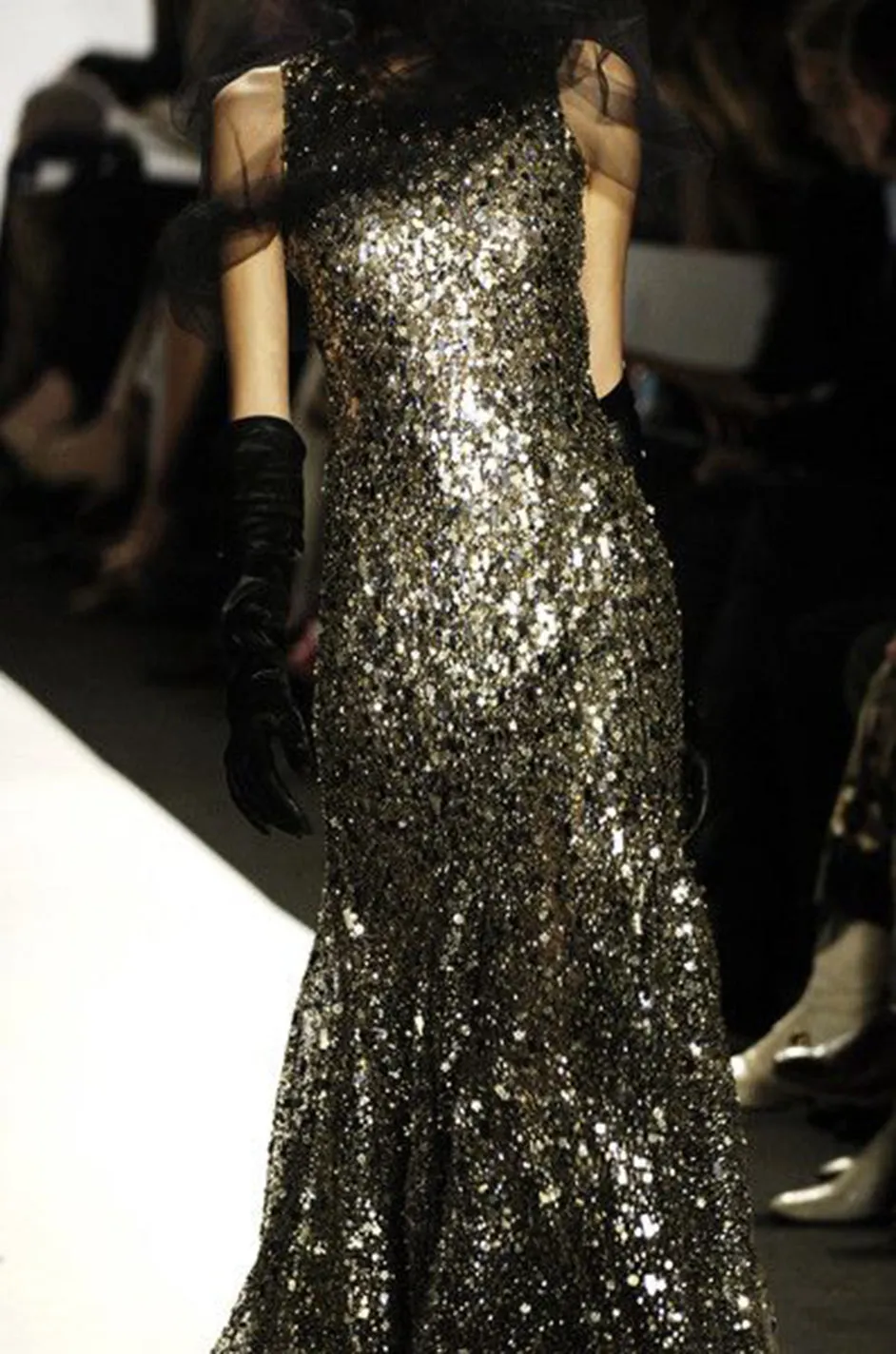 Stunning Fall 2006 Oscar de la Renta Runway Gold & Silver Sequin & Bead in Silk Netting Dress