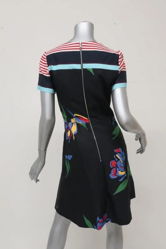 Suno Dress Black Floral & Striped Print Twill Size 2 Short Sleeve Fit & Flare