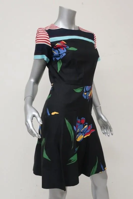 Suno Dress Black Floral & Striped Print Twill Size 2 Short Sleeve Fit & Flare