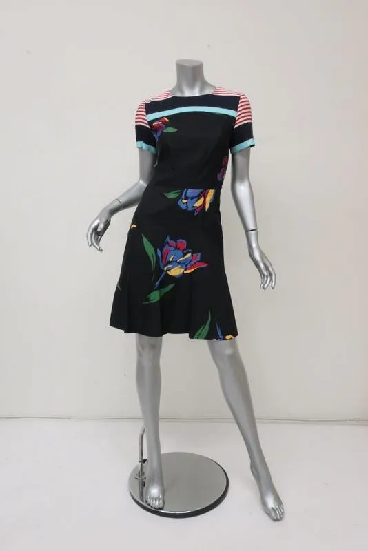 Suno Dress Black Floral & Striped Print Twill Size 2 Short Sleeve Fit & Flare