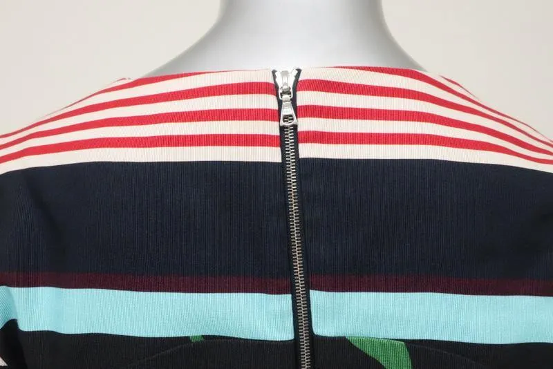 Suno Dress Black Floral & Striped Print Twill Size 2 Short Sleeve Fit & Flare