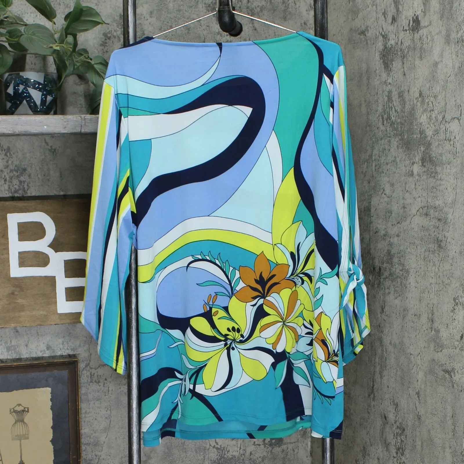 Susan Graver Plus Printed Liquid Knit Top With Tie Sleeves