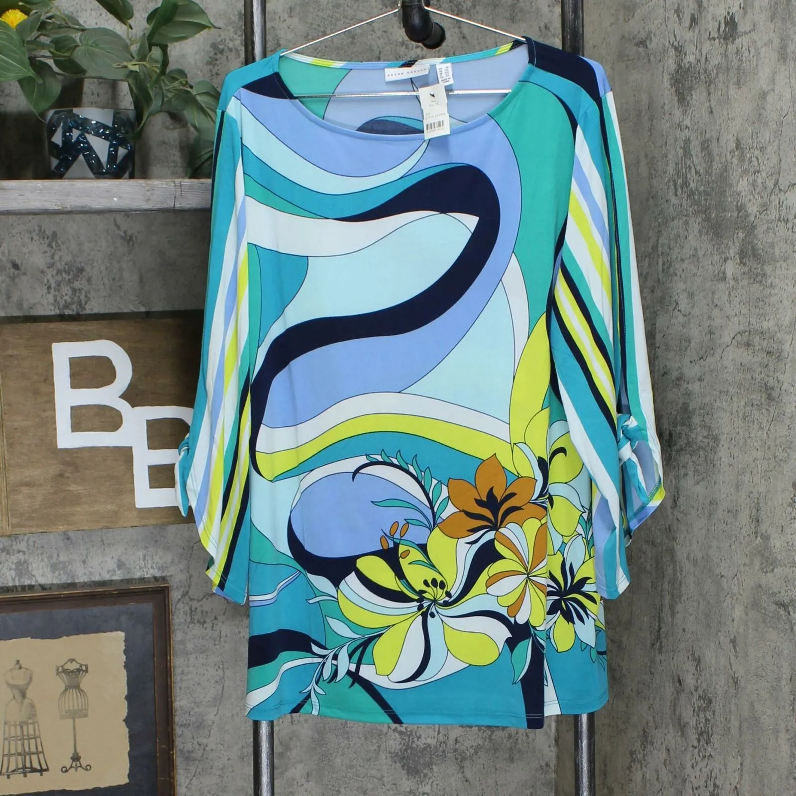 Susan Graver Plus Printed Liquid Knit Top With Tie Sleeves