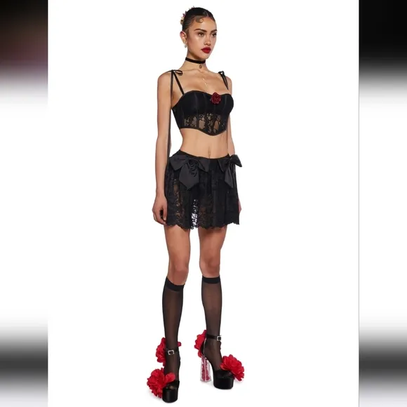 🆕️SzM Black Bows &amp; Lace Sexy Ti Amo Mini Skirt