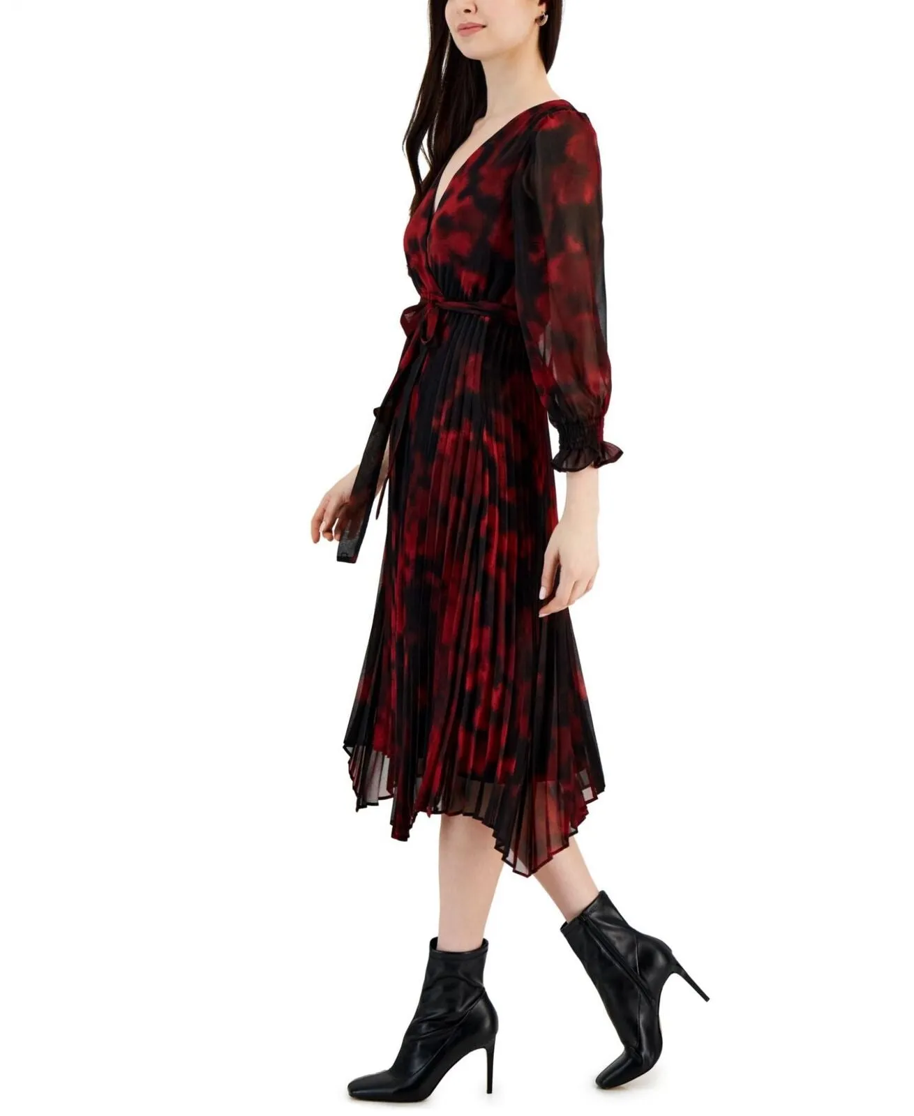 Taylor Women's Printed Pleated Fit & Flare Dress 2671M Black / Ruby Red 12