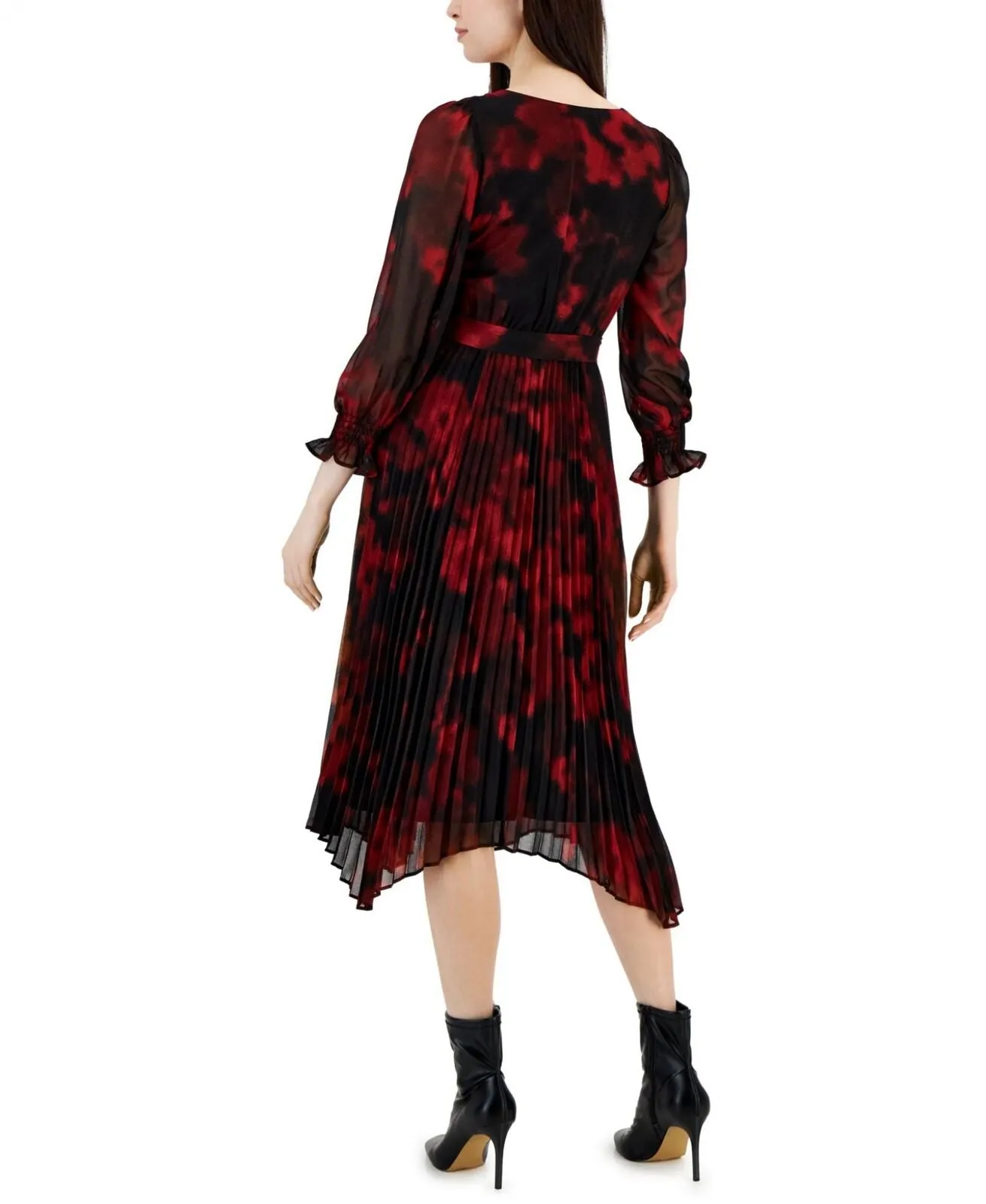 Taylor Women's Printed Pleated Fit & Flare Dress 2671M Black / Ruby Red 12