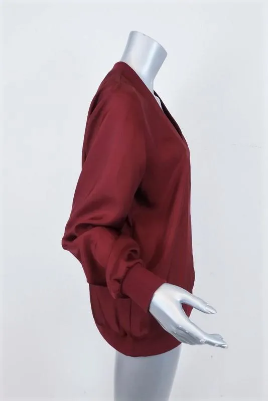 Tibi Mendini Twill Top Red Size Medium Long Sleeve V-Neck Blouse