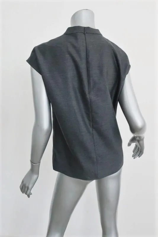 Tibi Mock Neck Blouse Gray Stretch Viscose Size Small Cap Sleeve Top