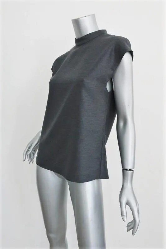 Tibi Mock Neck Blouse Gray Stretch Viscose Size Small Cap Sleeve Top