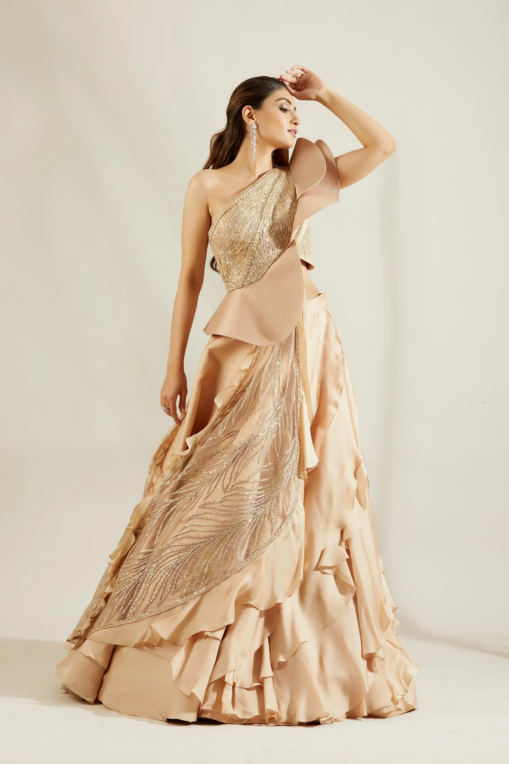 tuscany gold leaf cascade blouse with ruffle skirt