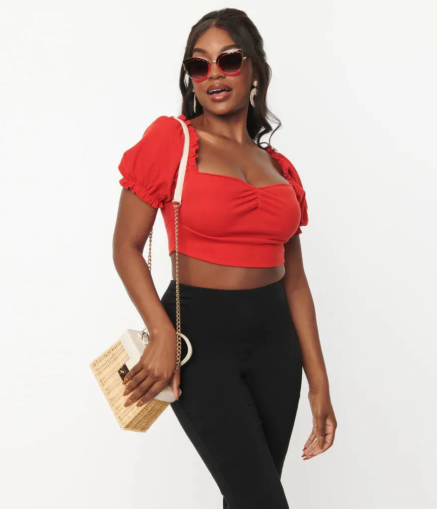 Unique Vintage Prairie Whimsy Sweetheart Crop Top Red
