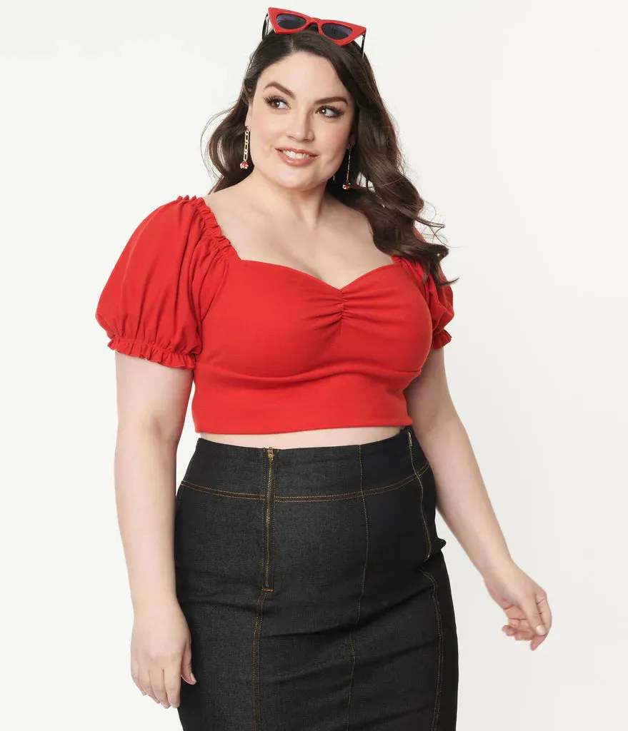 Unique Vintage Prairie Whimsy Sweetheart Crop Top Red