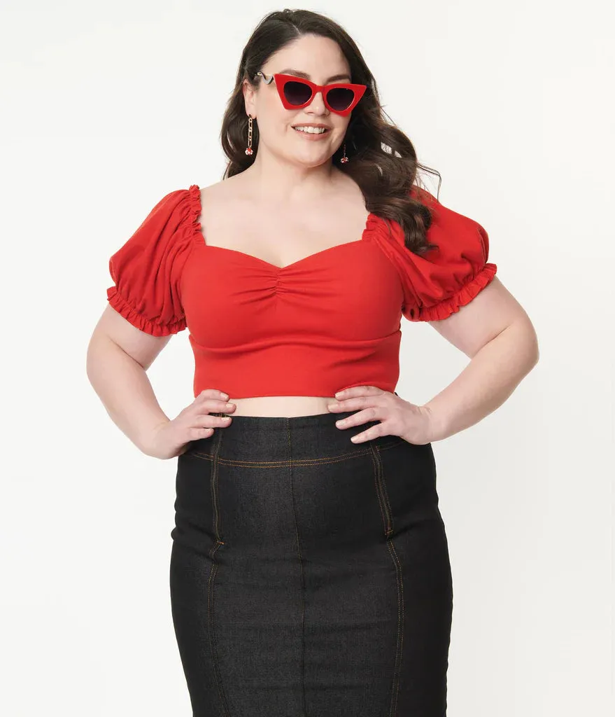 Unique Vintage Prairie Whimsy Sweetheart Crop Top Red