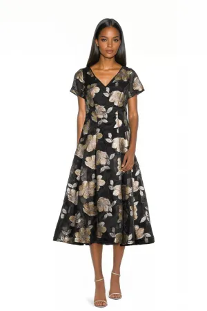 V-Neck Floral Jacquard and Organza Fit & Flare Midi Dress in Black
