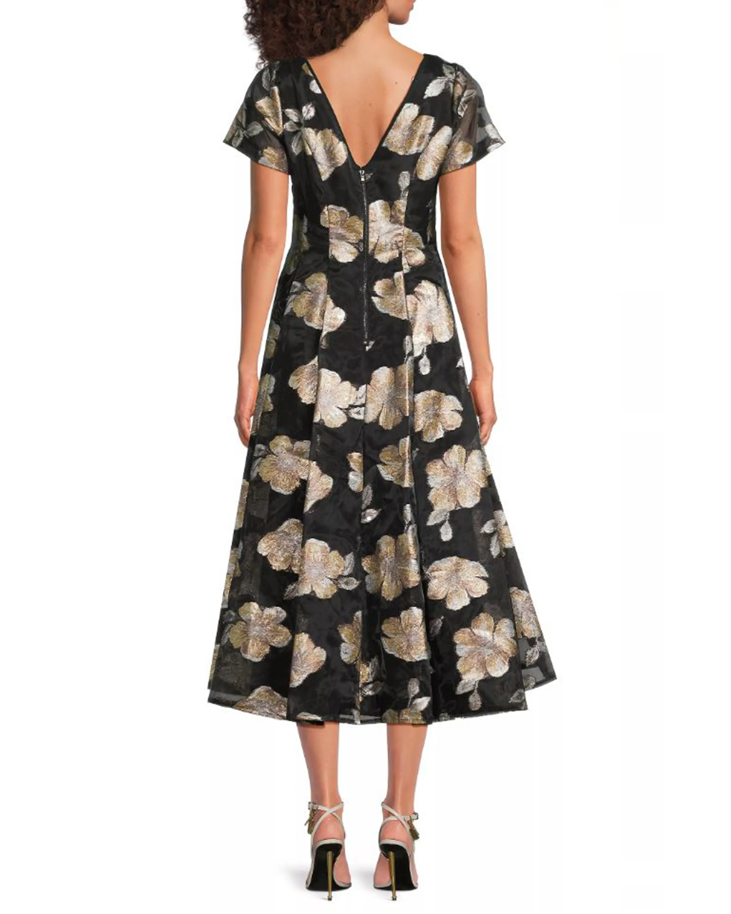 V-Neck Floral Jacquard and Organza Fit & Flare Midi Dress in Black