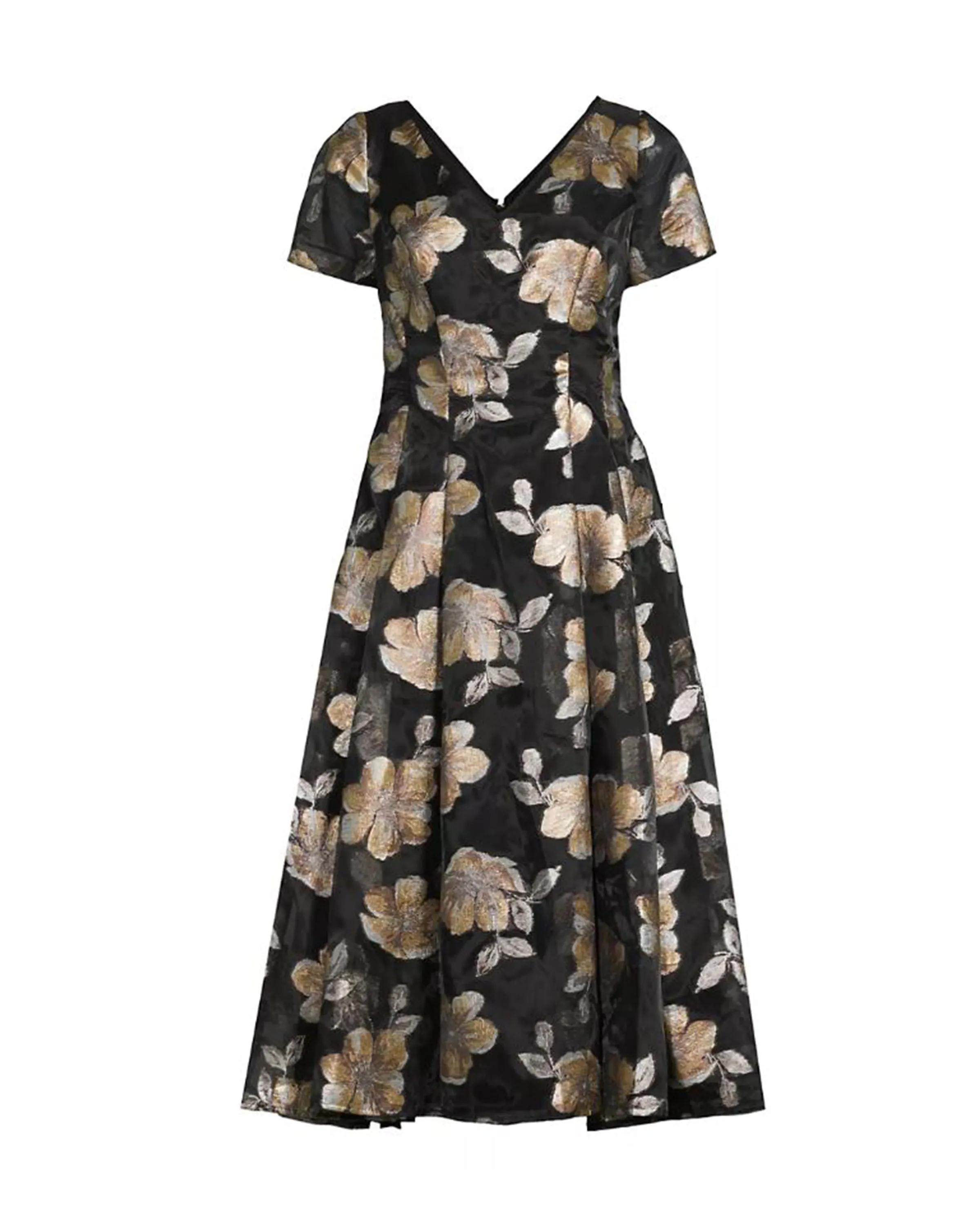 V-Neck Floral Jacquard and Organza Fit & Flare Midi Dress in Black