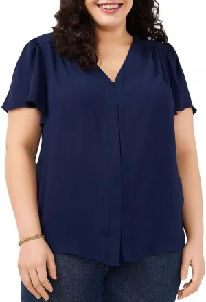 Vince Camuto Womens Plus Split Neck Sheer Blouse 9231084 Classic Navy Blue 1X