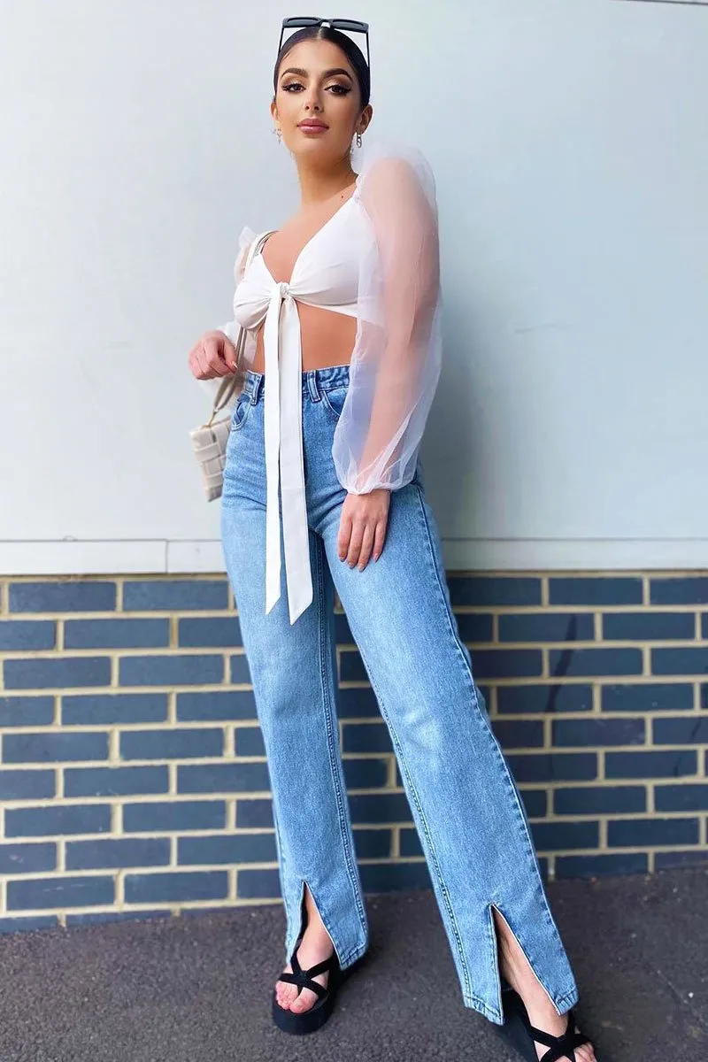 White Bow Front Organza Sleeve Crop Top - Eddie