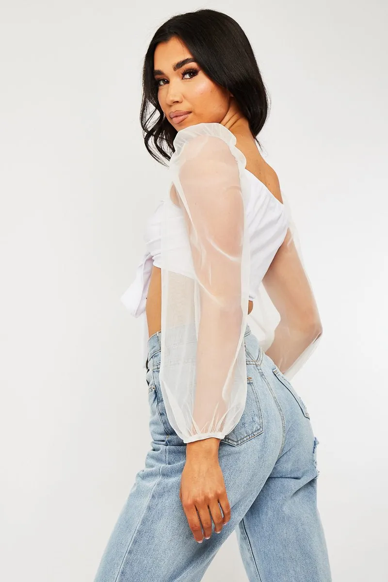 White Bow Front Organza Sleeve Crop Top - Eddie