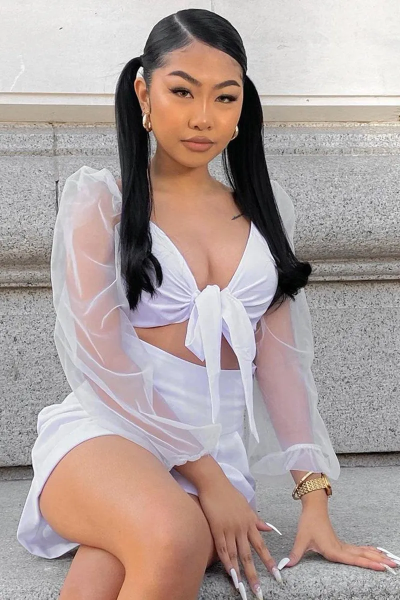 White Bow Front Organza Sleeve Crop Top - Eddie