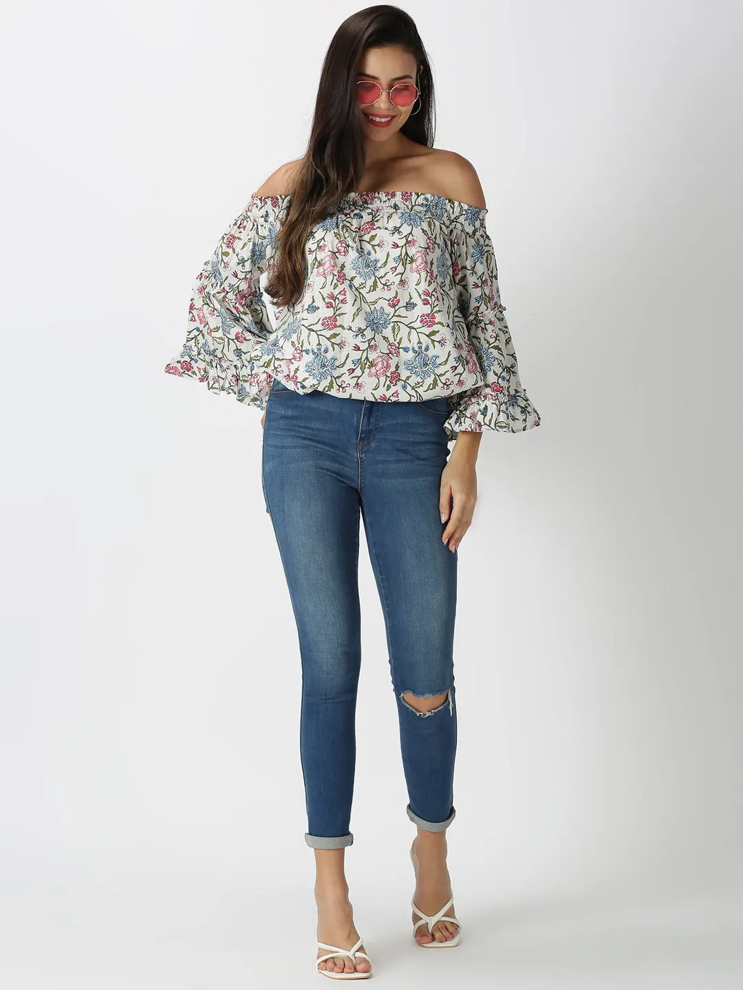 White Cotton Boho Printed Off Shoulder Top with Bell Sleeves