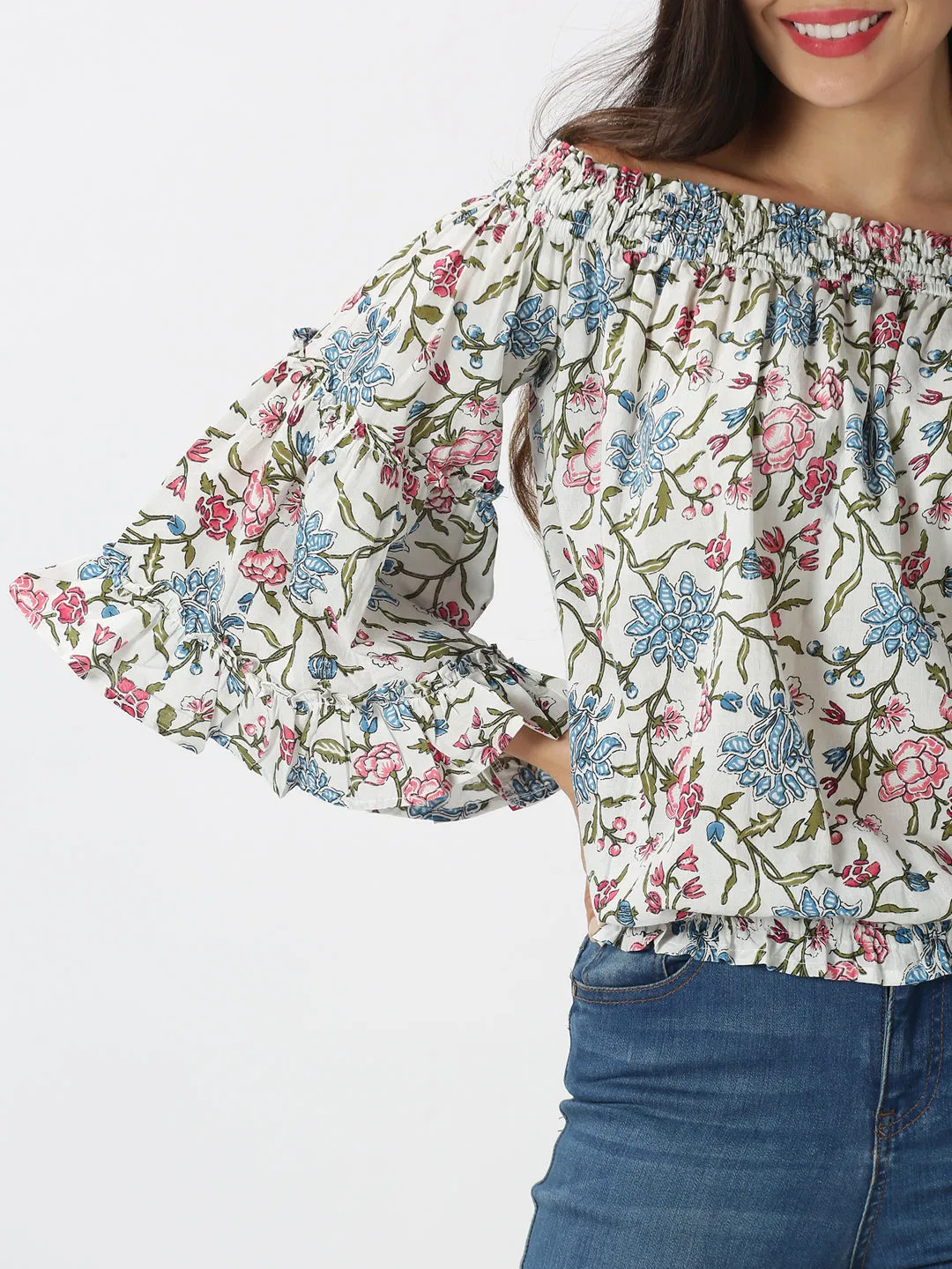 White Cotton Boho Printed Off Shoulder Top with Bell Sleeves