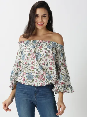 White Cotton Boho Printed Off Shoulder Top with Bell Sleeves