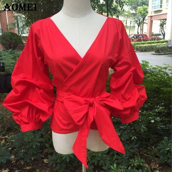 White Shirts Blouses Peplum Tops Puff Sleeves with Waist Belt Bowtie V Neck Large Size Women's Fashion Female Clothes New Blusas