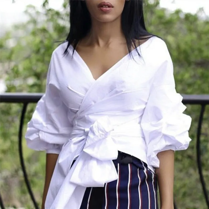 White Shirts Blouses Peplum Tops Puff Sleeves with Waist Belt Bowtie V Neck Large Size Women's Fashion Female Clothes New Blusas
