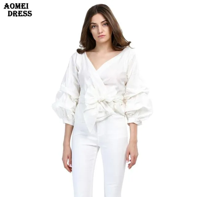 White Shirts Blouses Peplum Tops Puff Sleeves with Waist Belt Bowtie V Neck Large Size Women's Fashion Female Clothes New Blusas