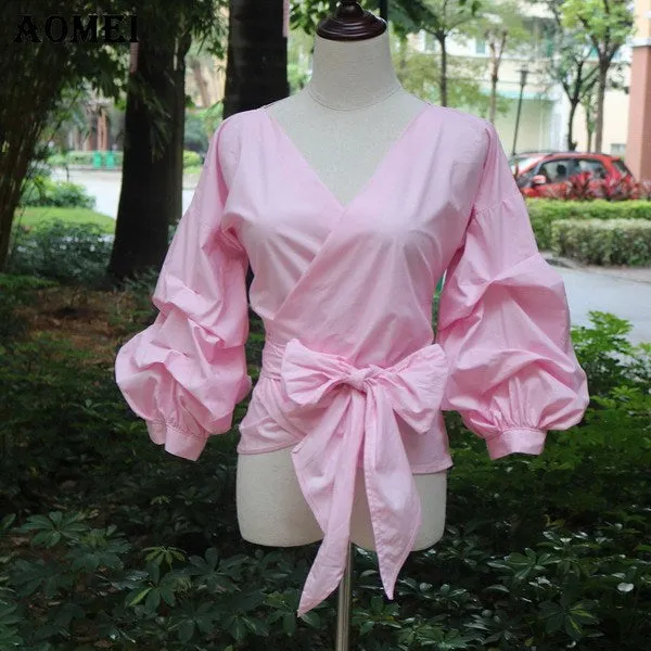 White Shirts Blouses Peplum Tops Puff Sleeves with Waist Belt Bowtie V Neck Large Size Women's Fashion Female Clothes New Blusas