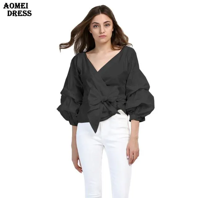 White Shirts Blouses Peplum Tops Puff Sleeves with Waist Belt Bowtie V Neck Large Size Women's Fashion Female Clothes New Blusas