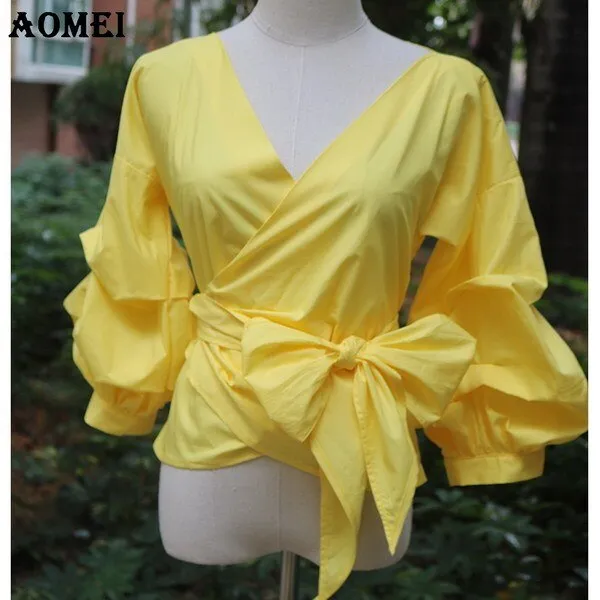 White Shirts Blouses Peplum Tops Puff Sleeves with Waist Belt Bowtie V Neck Large Size Women's Fashion Female Clothes New Blusas