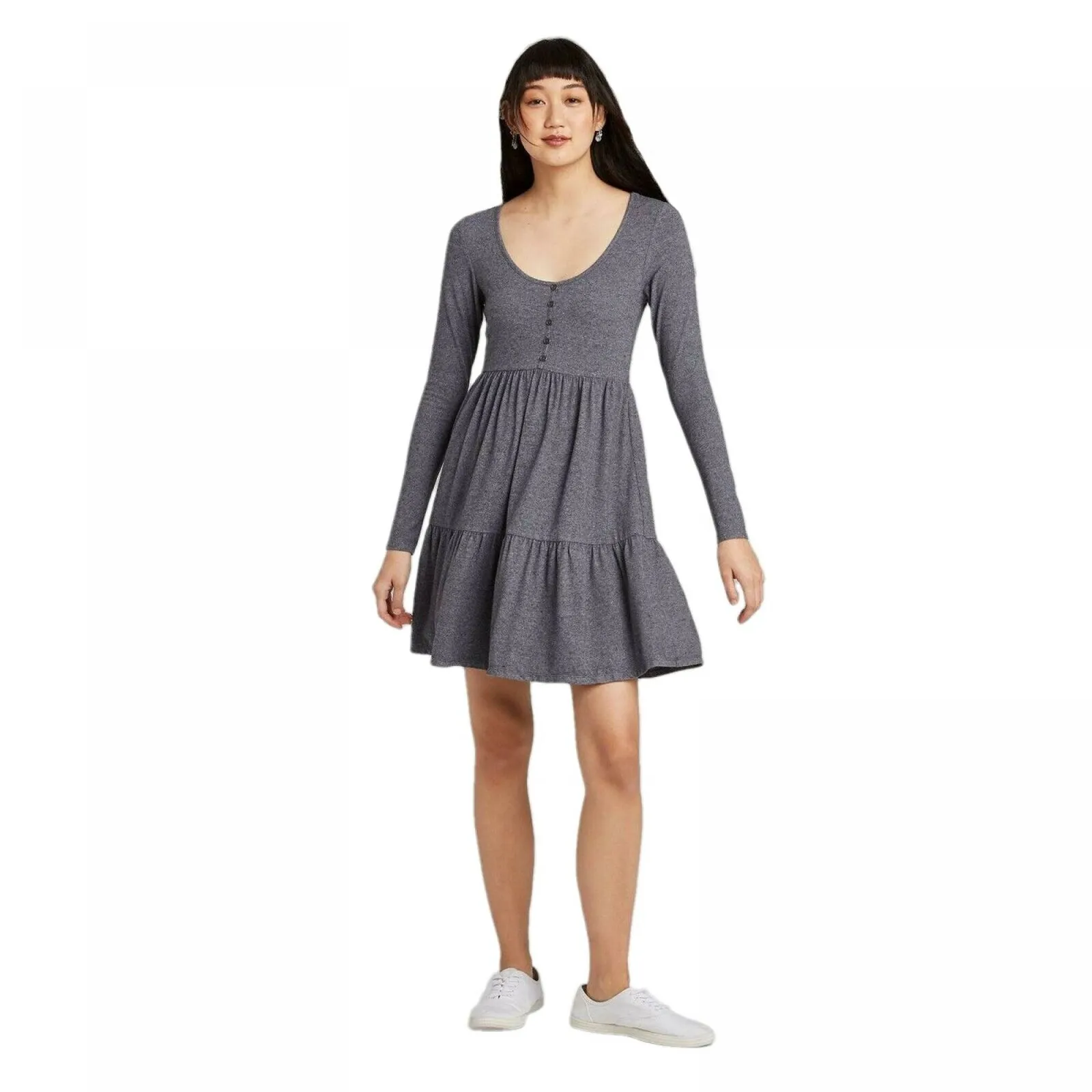 Wild Fable Long Sleeve Round Neck Tiered Babydoll Mini Dress
