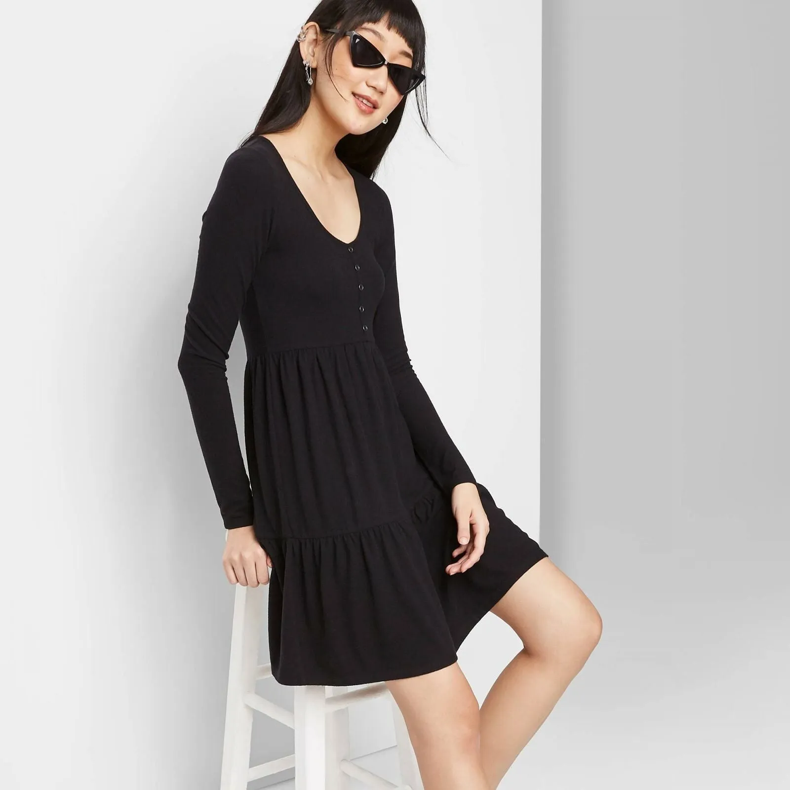Wild Fable Long Sleeve Round Neck Tiered Babydoll Mini Dress