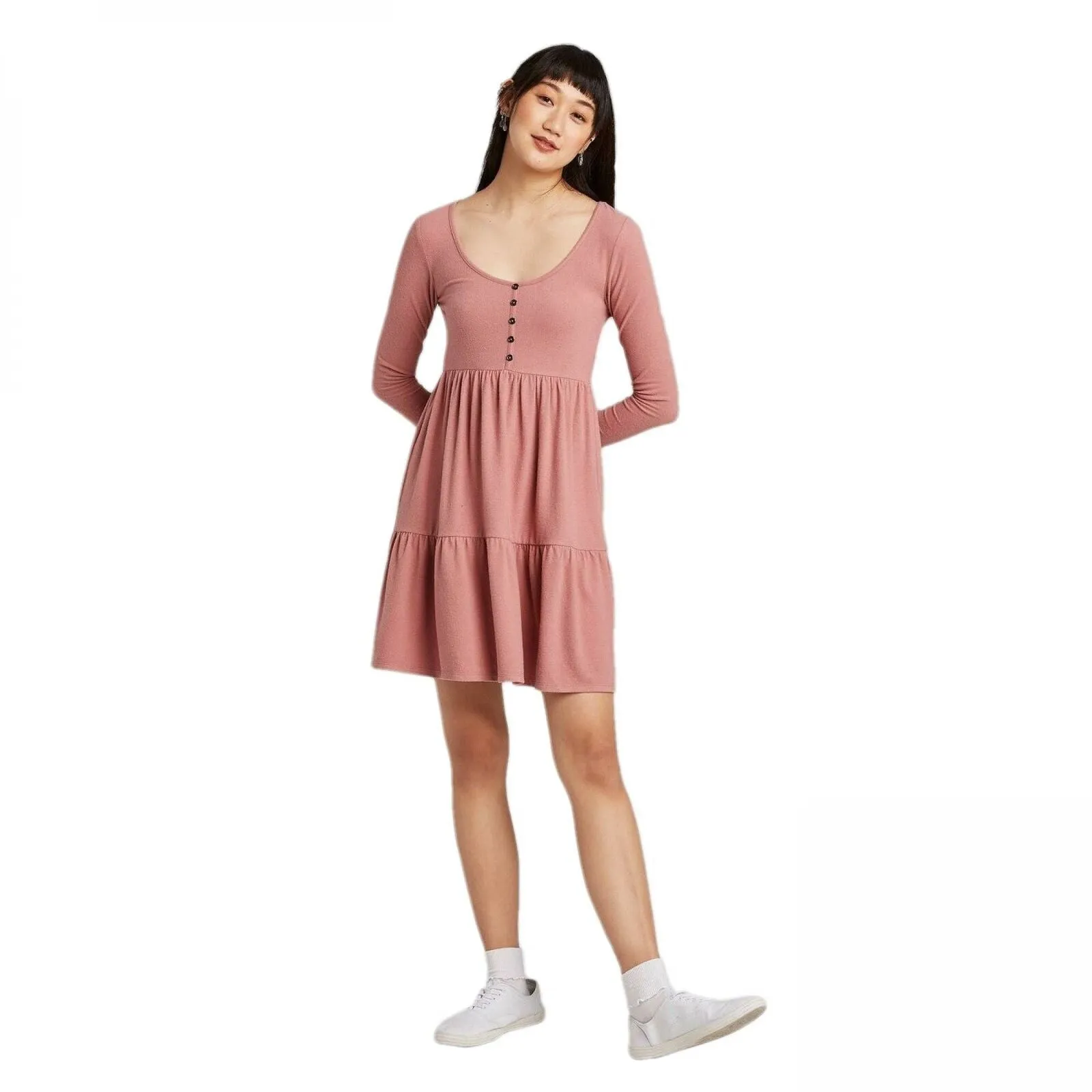 Wild Fable Long Sleeve Round Neck Tiered Babydoll Mini Dress