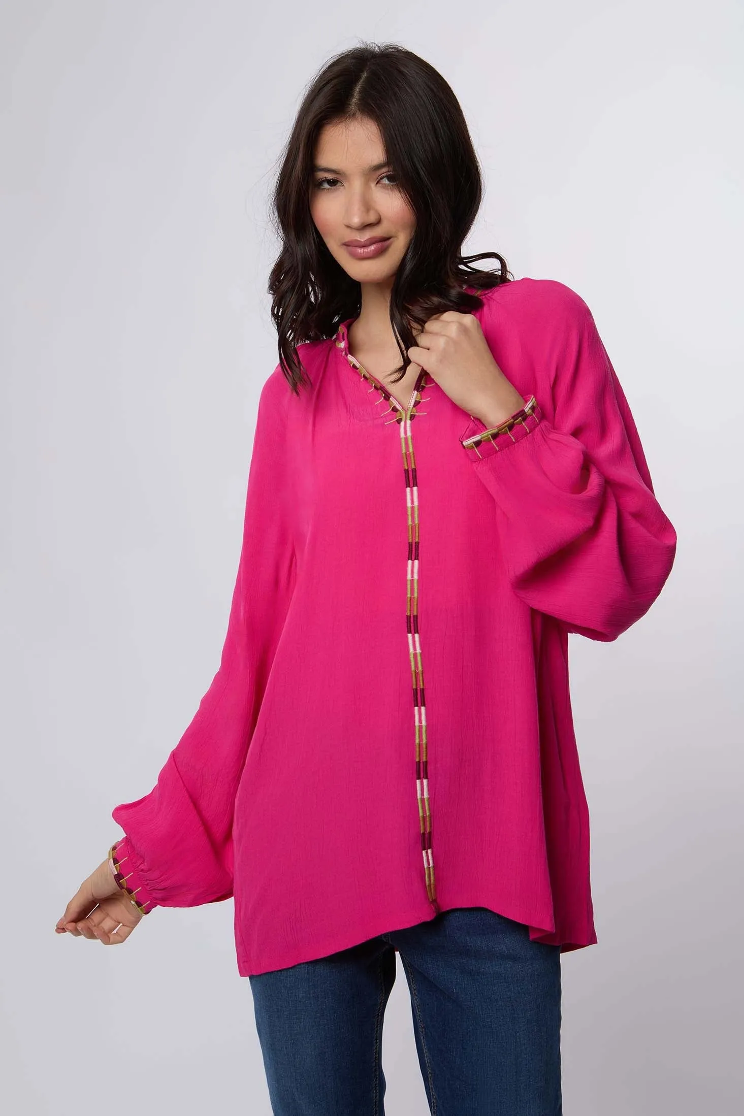 Women Blouse  Long Sleeve V-Neck Pink