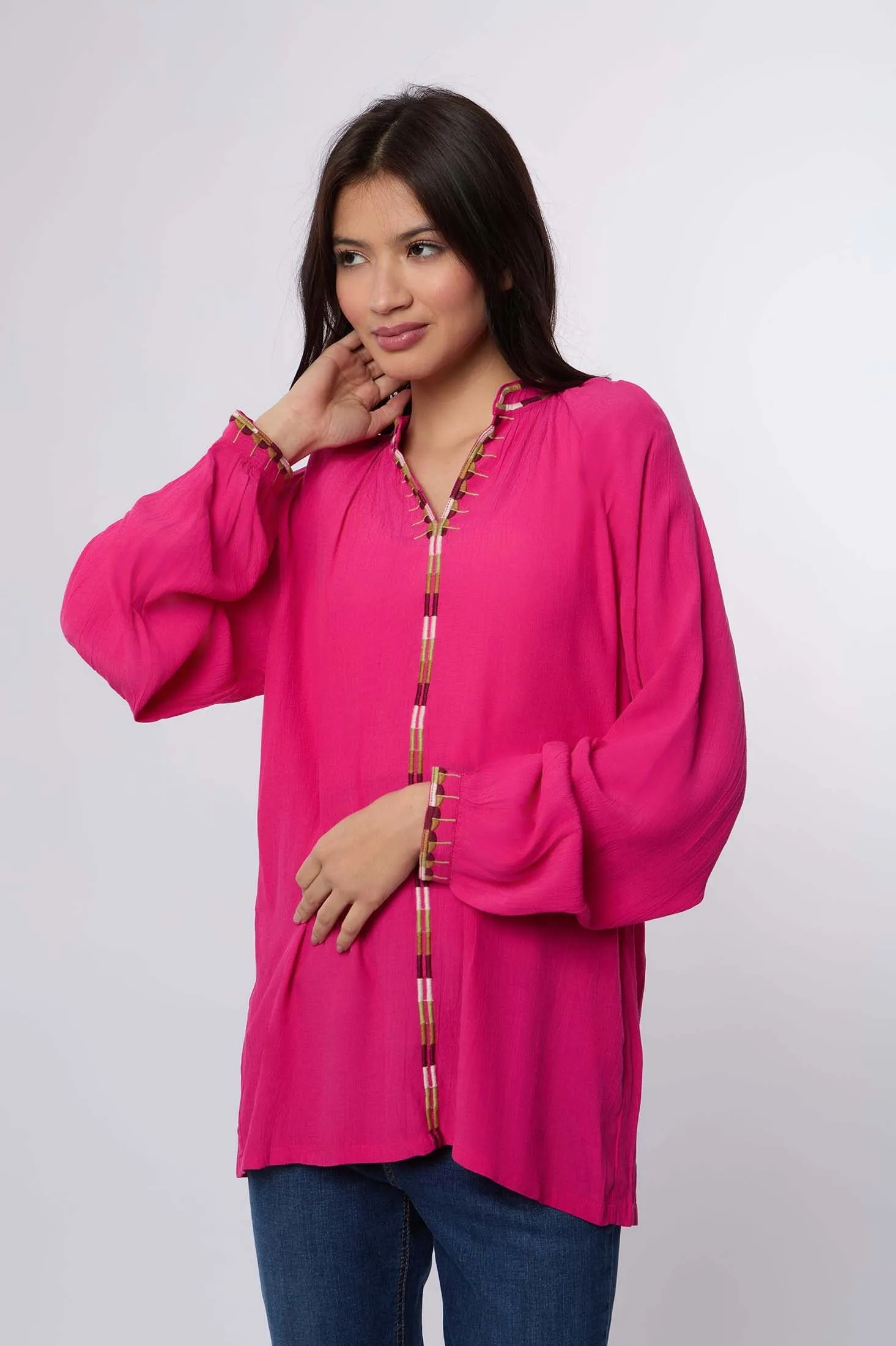 Women Blouse  Long Sleeve V-Neck Pink