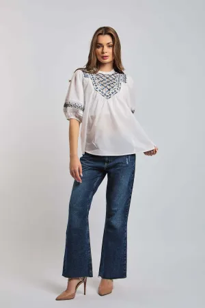 Women Blouse short Sleeve Crew Neck White