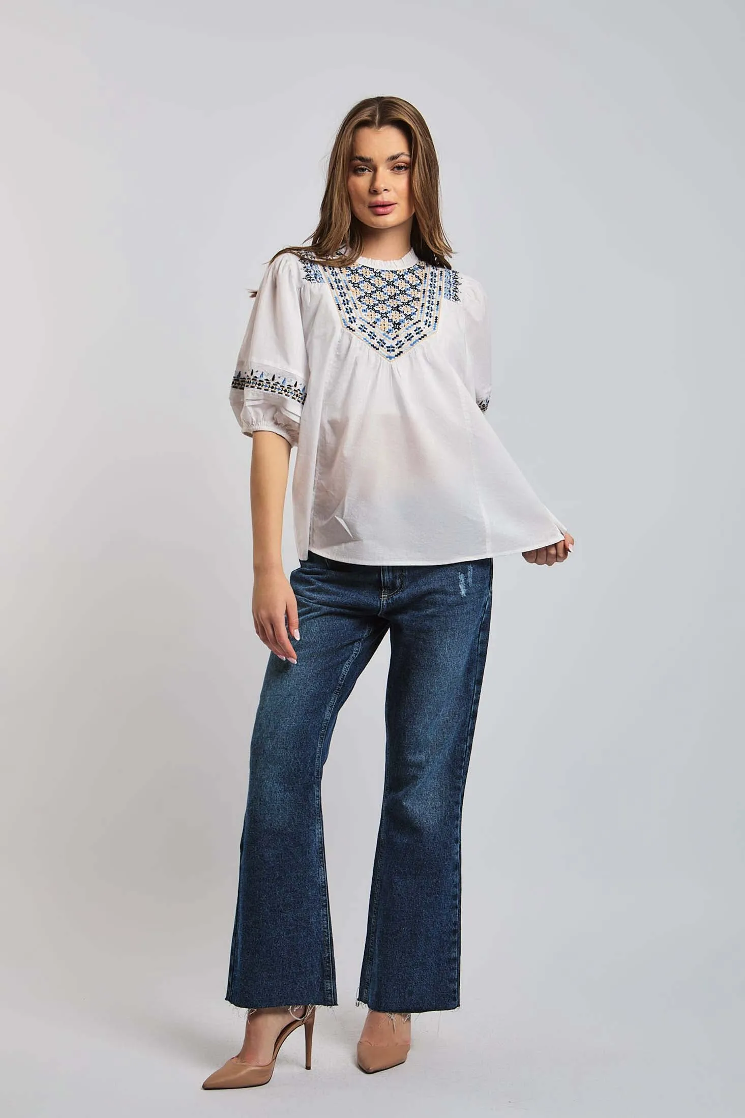 Women Blouse short Sleeve Crew Neck White