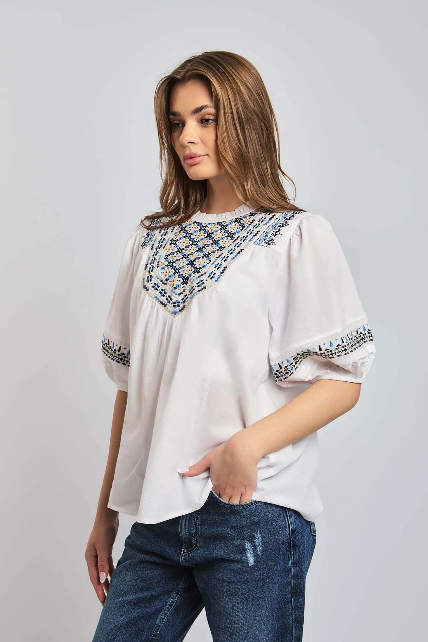 Women Blouse short Sleeve Crew Neck White