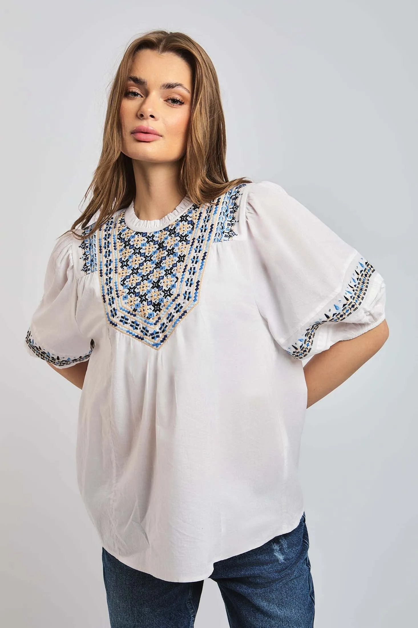 Women Blouse short Sleeve Crew Neck White