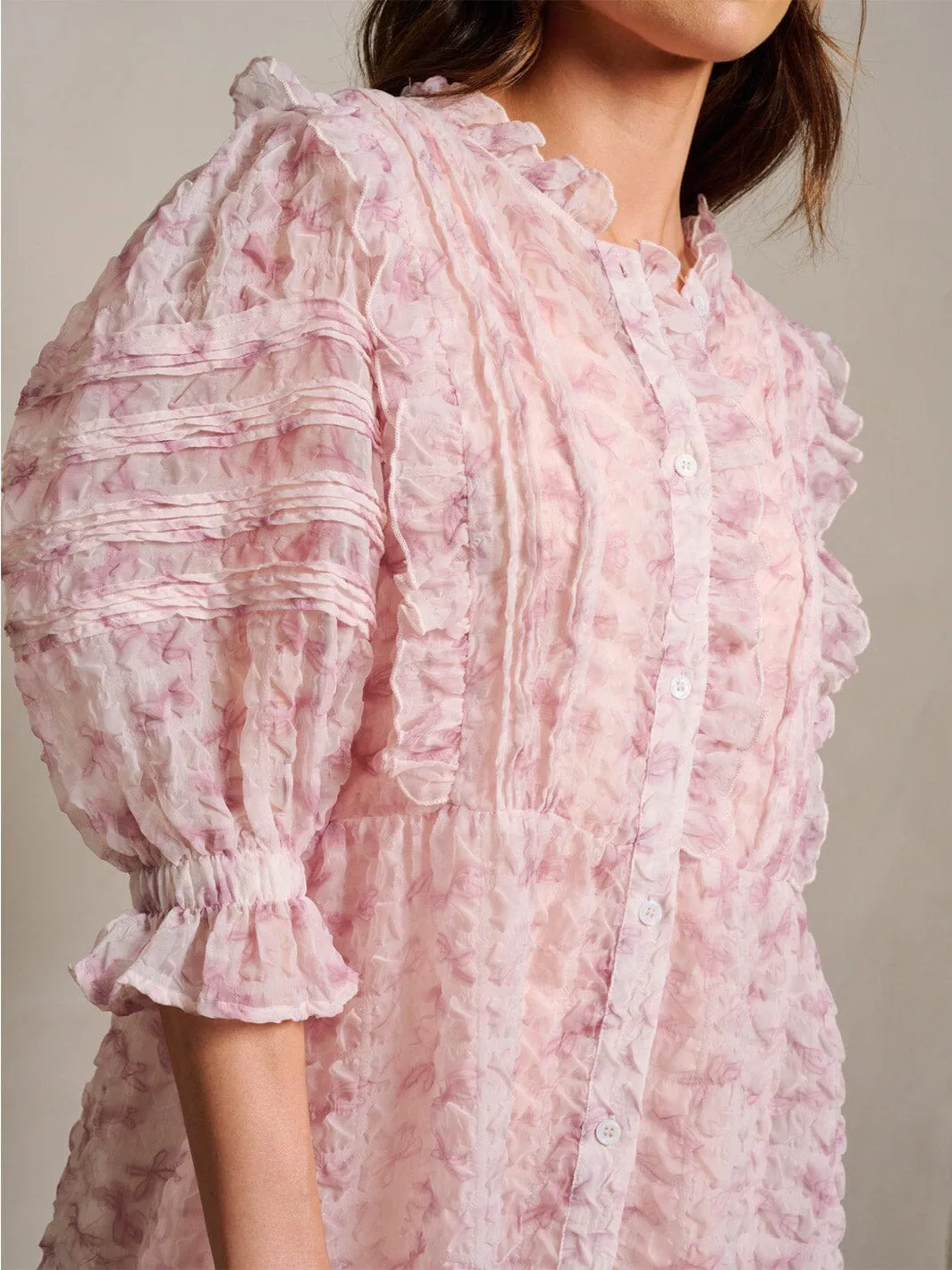 WOMEN'S 3/4 PUFF SLEEVE BUTTON UP RUFFLE FLORAL MINI DRESS