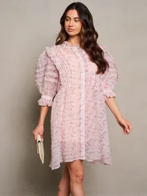 WOMEN'S 3/4 PUFF SLEEVE BUTTON UP RUFFLE FLORAL MINI DRESS