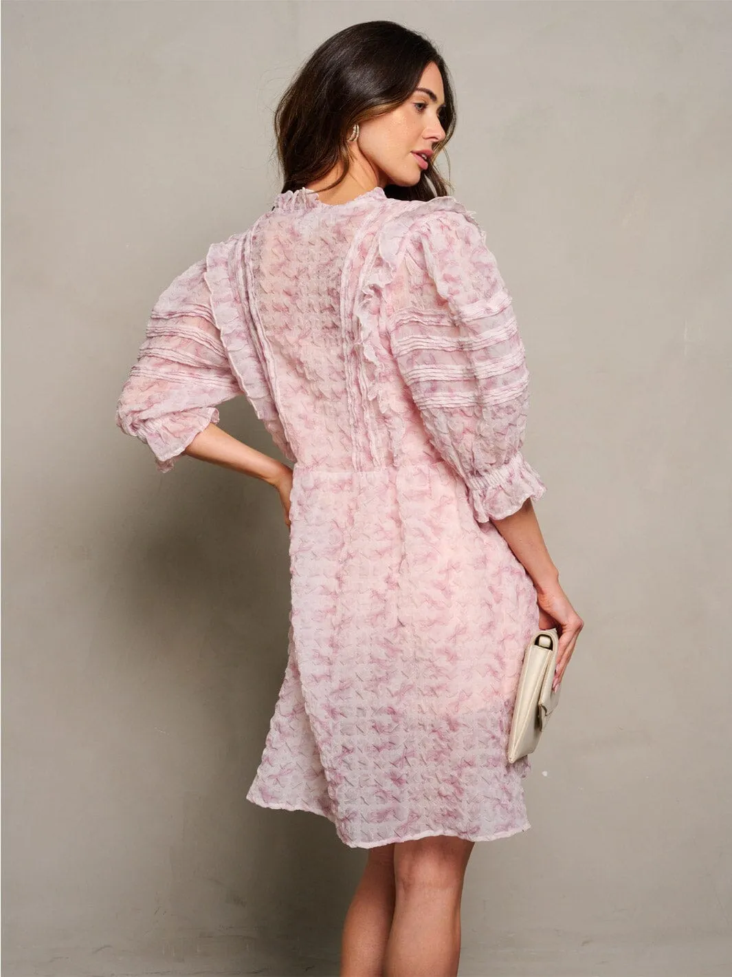 WOMEN'S 3/4 PUFF SLEEVE BUTTON UP RUFFLE FLORAL MINI DRESS