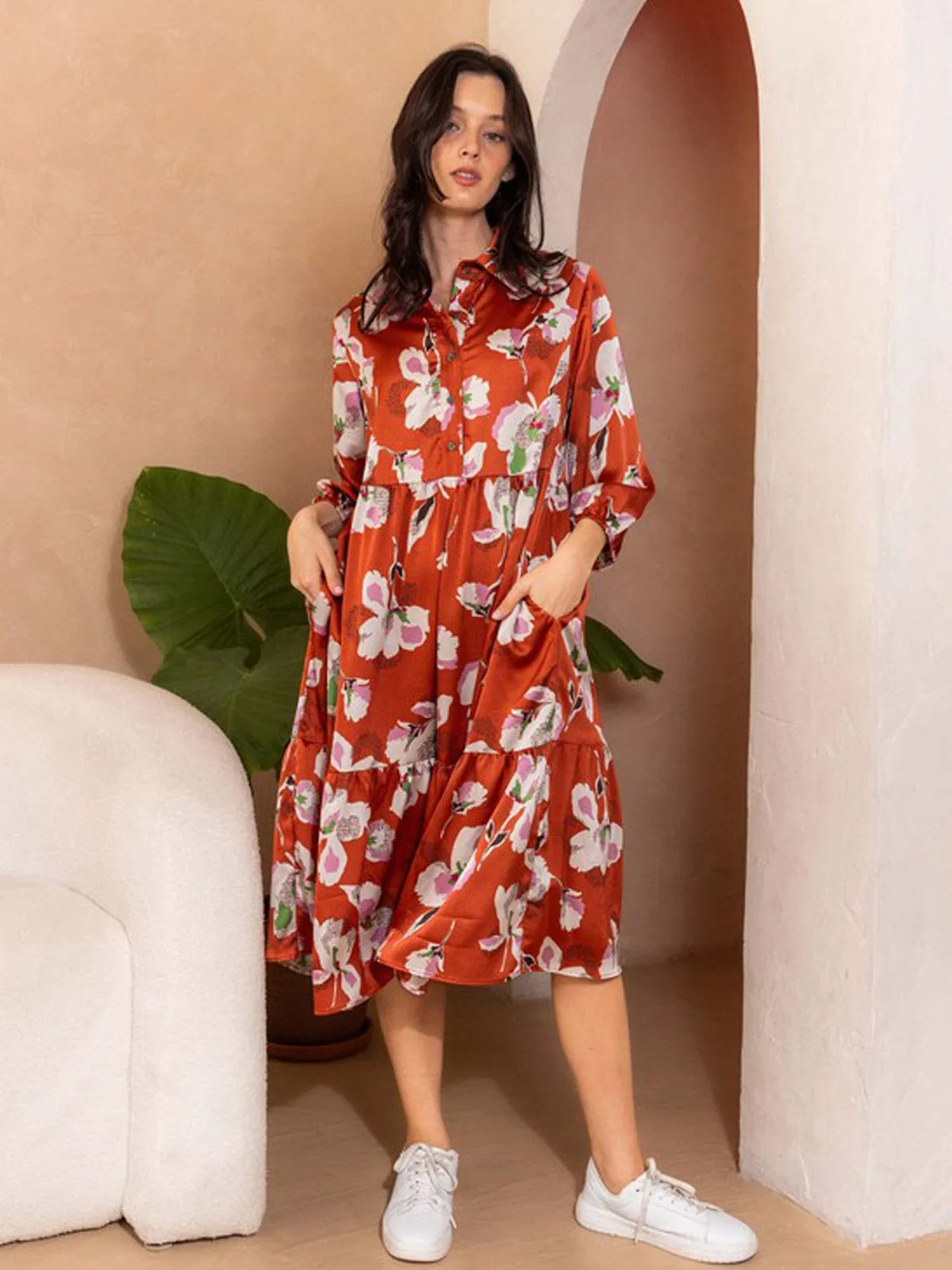 WOMEN'S 3/4 SLEEVE BUTTON UP FLORAL MIDI DRESS