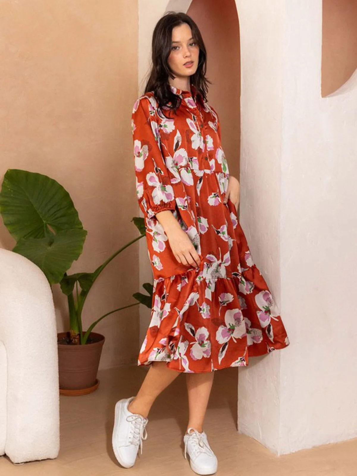 WOMEN'S 3/4 SLEEVE BUTTON UP FLORAL MIDI DRESS